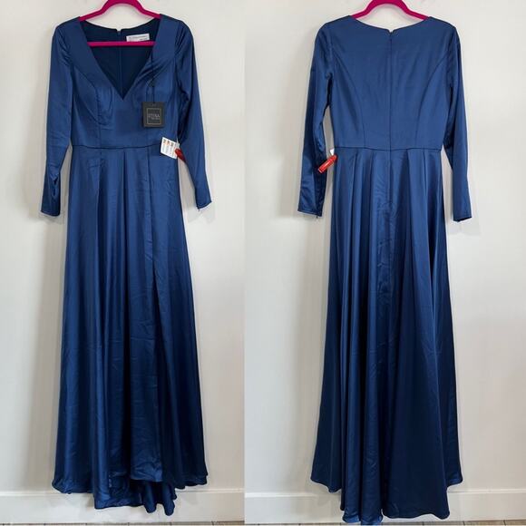 Mac Duggal 26613 Satin V Neck Long Sleeve Pleated Gown - Picture 3 of 10